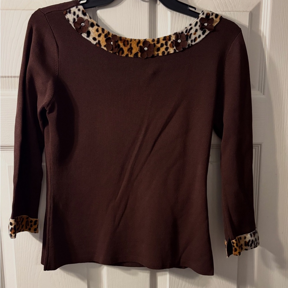Joseph A Brown Sweater with Animal Print Accents